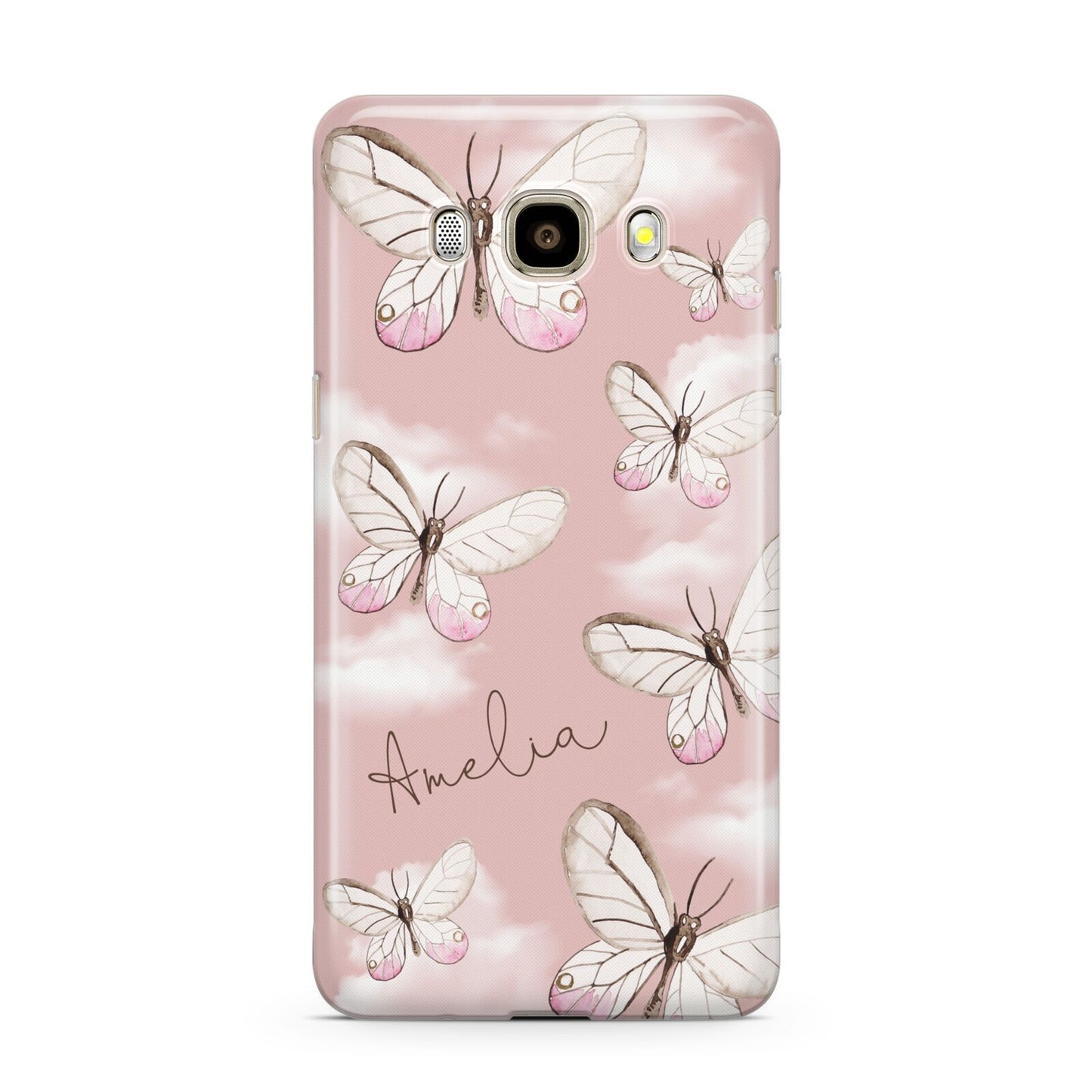 Pink Butterflies Personalised Samsung Galaxy J7 2016 Case on gold phone