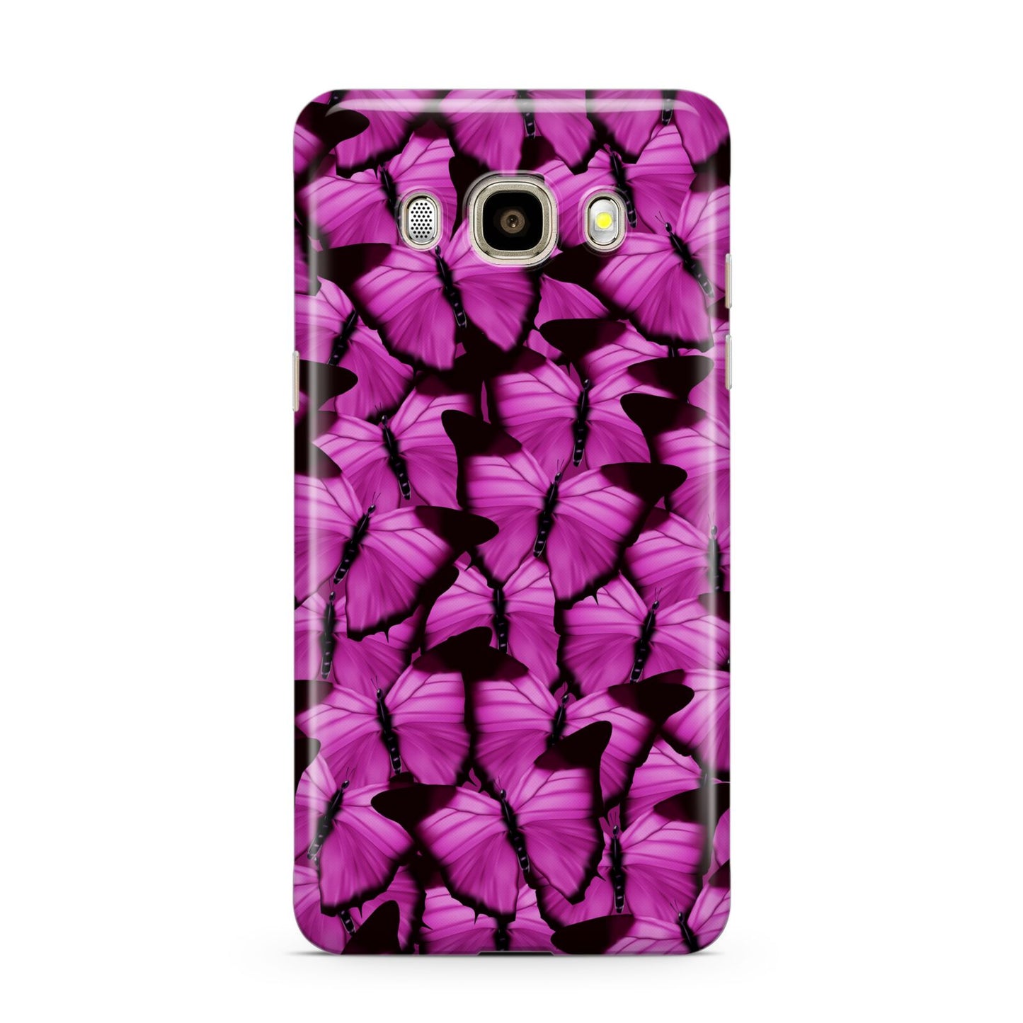 Pink Butterfly Samsung Galaxy J7 2016 Case on gold phone