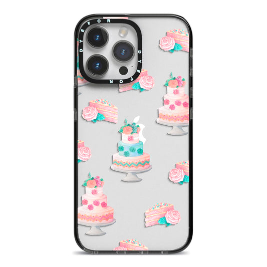Pink Cake Print iPhone 14 Pro Max Black Impact Case on Silver phone