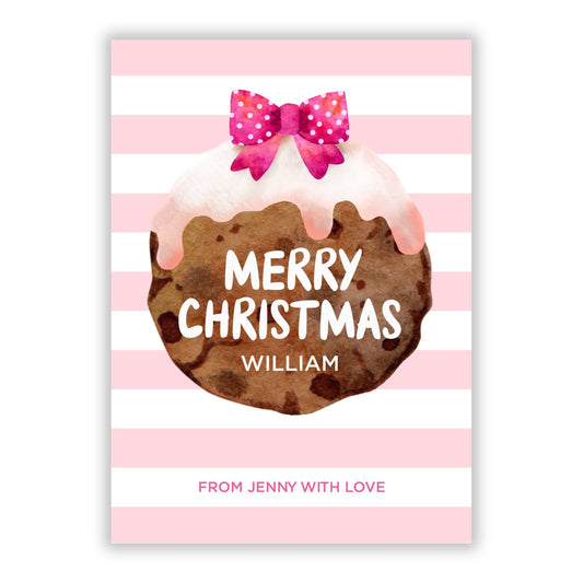 Pink Christmas Pudding with Name A5 Flat Greetings Card