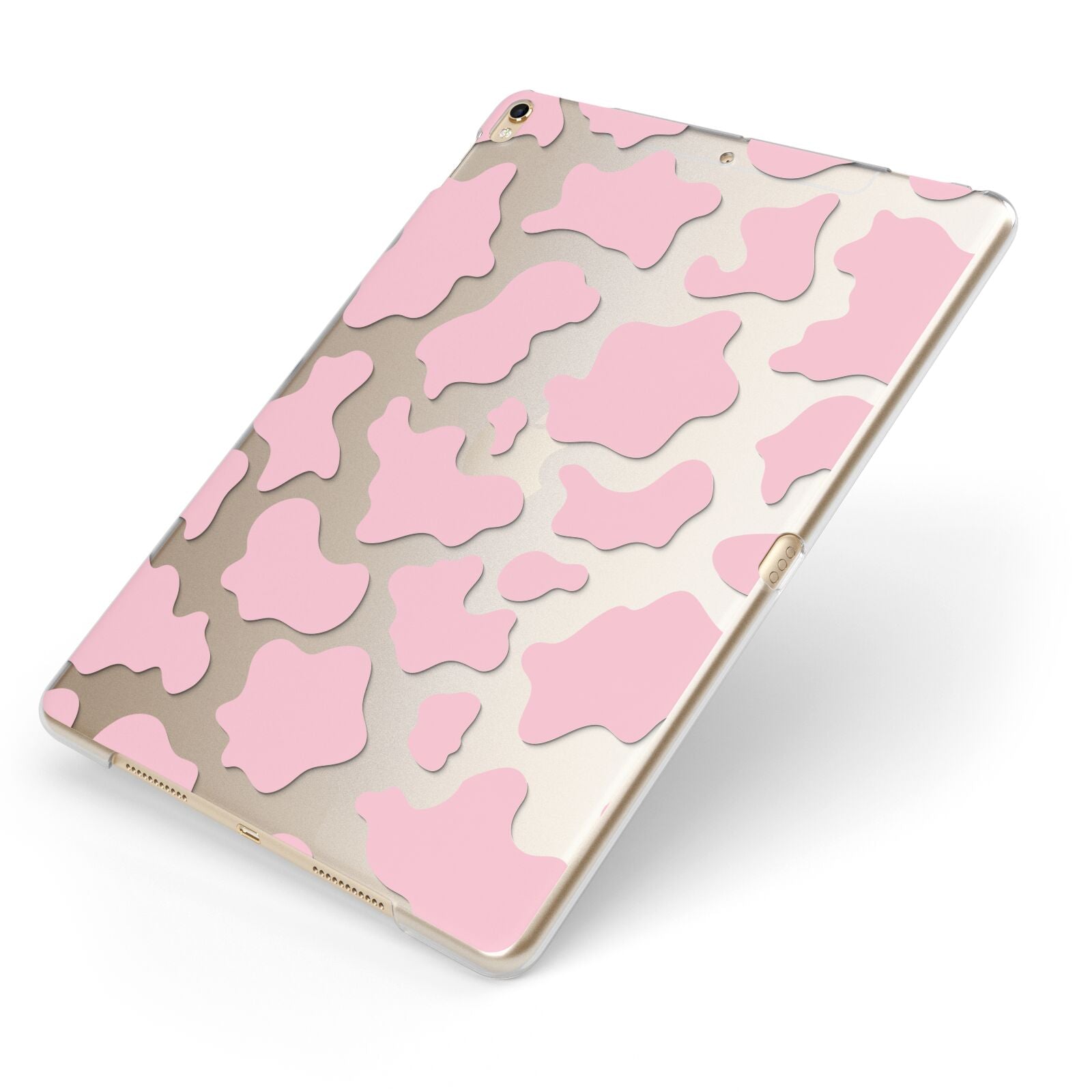 Pink Cow Print Apple iPad Case on Gold iPad Side View