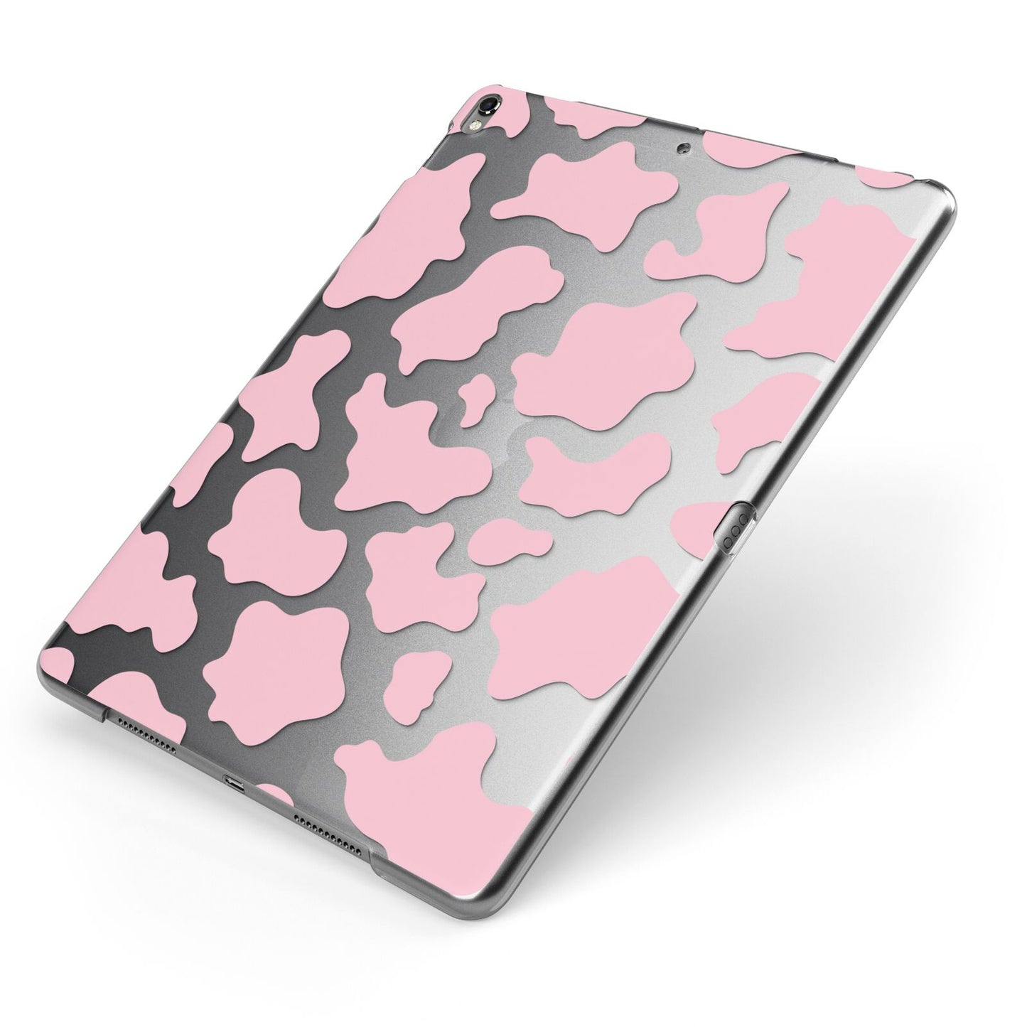 Pink Cow Print Apple iPad Case on Grey iPad Side View