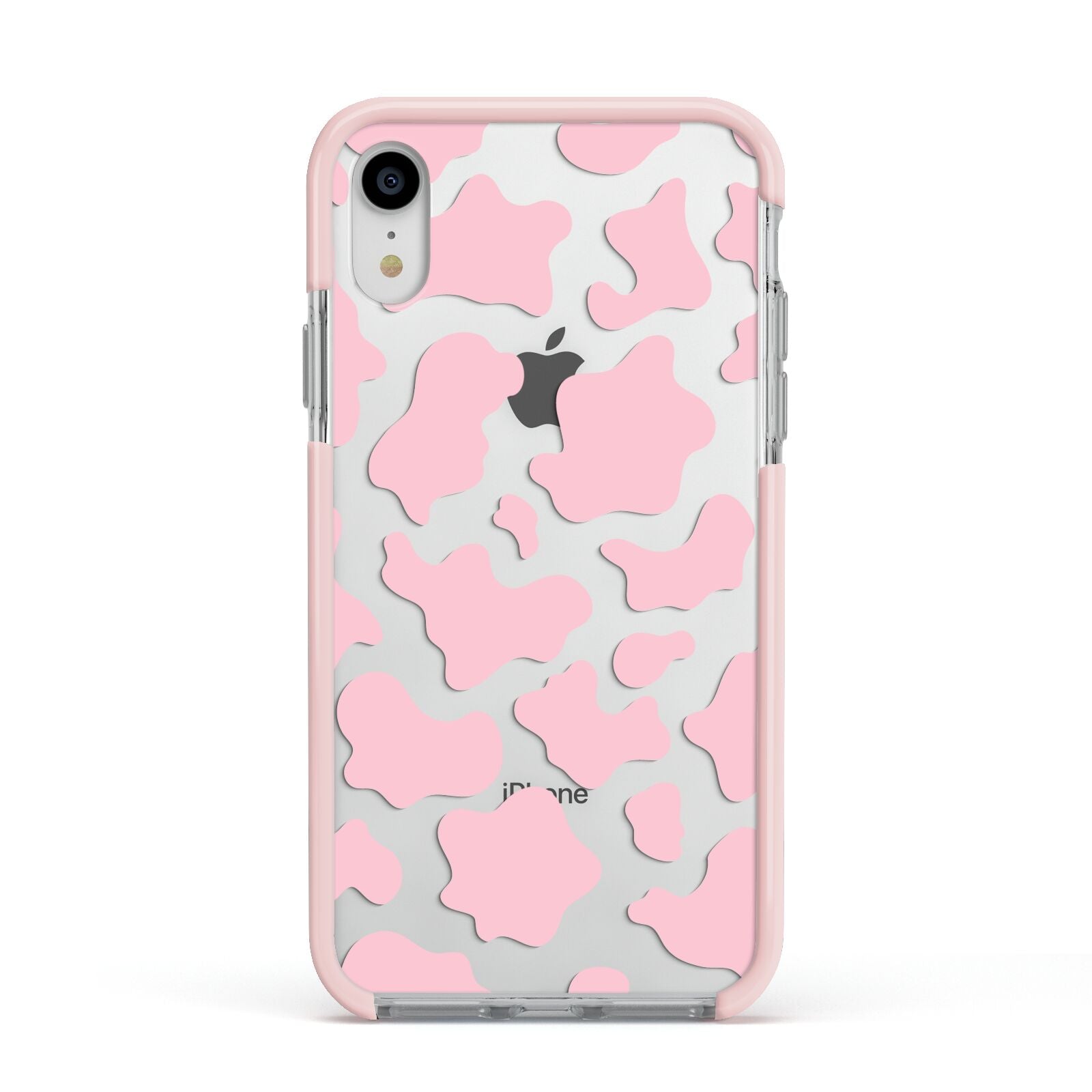 Pink Cow Print Apple iPhone XR Impact Case Pink Edge on Silver Phone