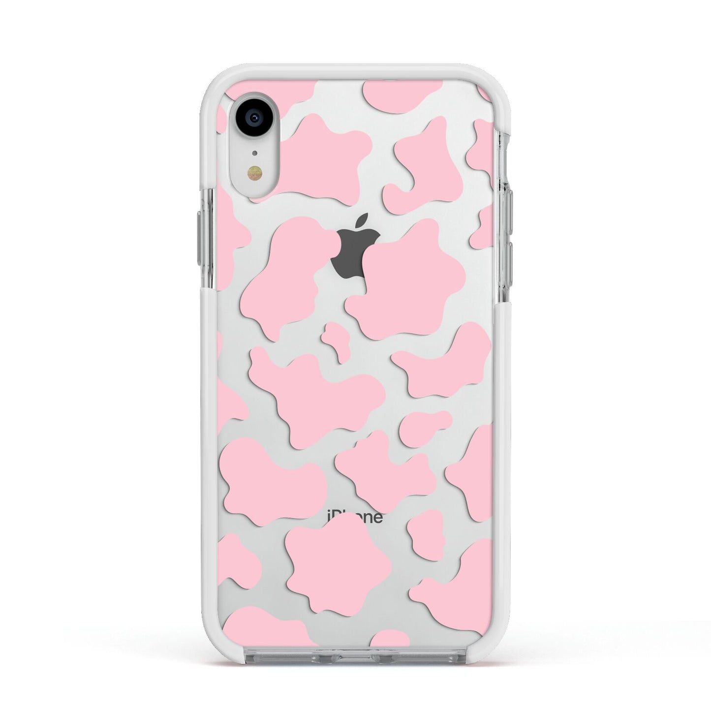 Pink Cow Print Apple iPhone XR Impact Case White Edge on Silver Phone