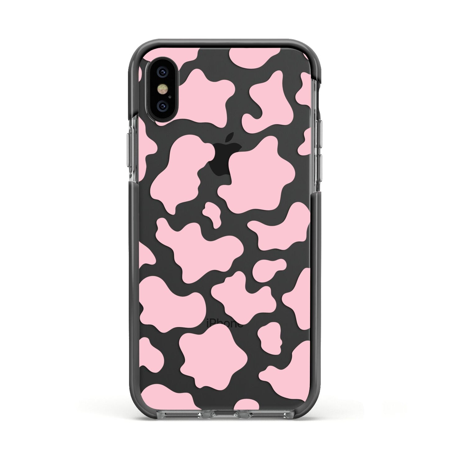 Pink Cow Print Apple iPhone Xs Impact Case Black Edge on Black Phone