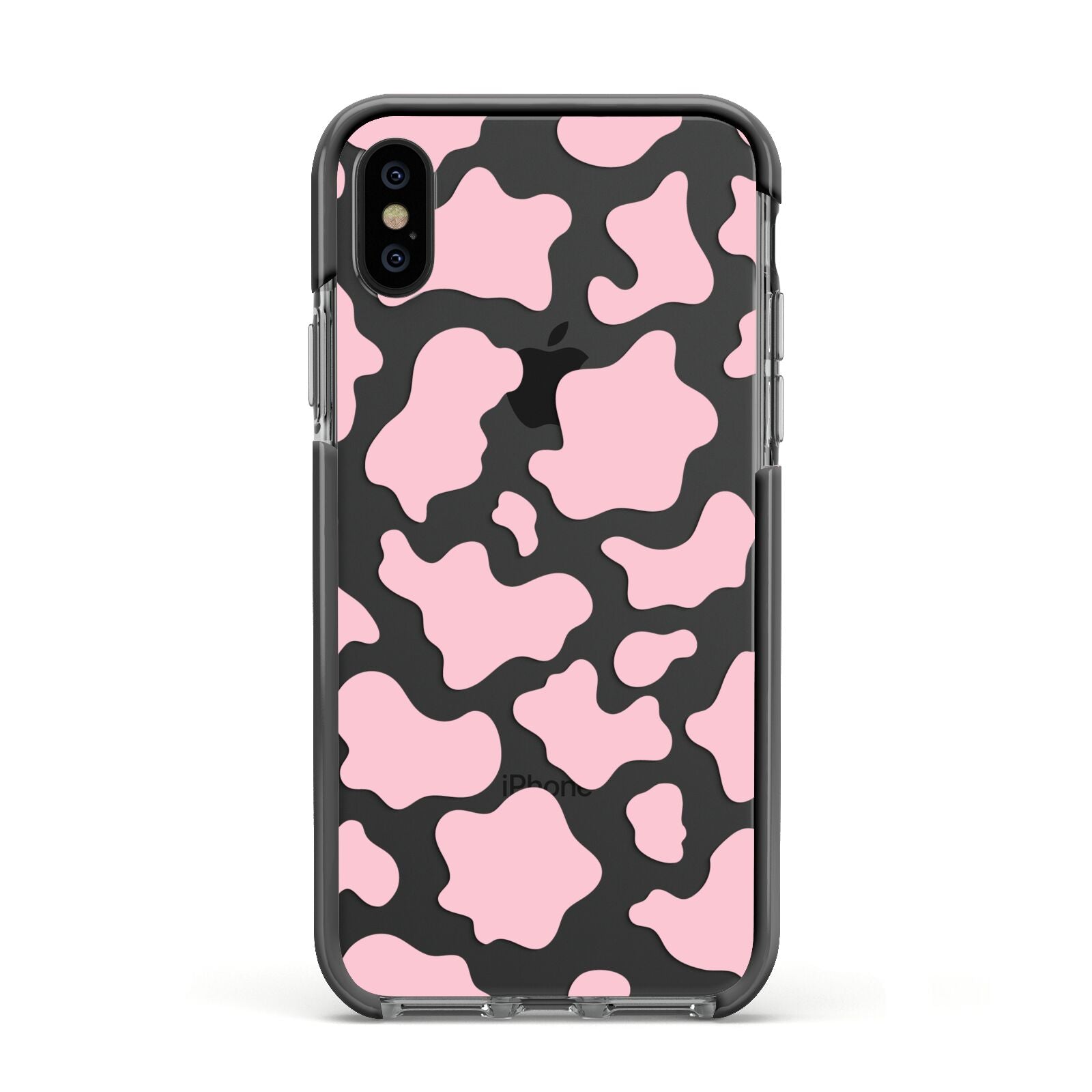 Pink Cow Print Apple iPhone Xs Impact Case Black Edge on Black Phone