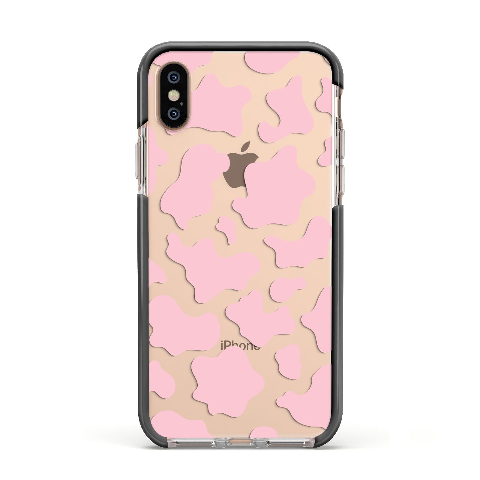 Pink Cow Print Apple iPhone Xs Impact Case Black Edge on Gold Phone