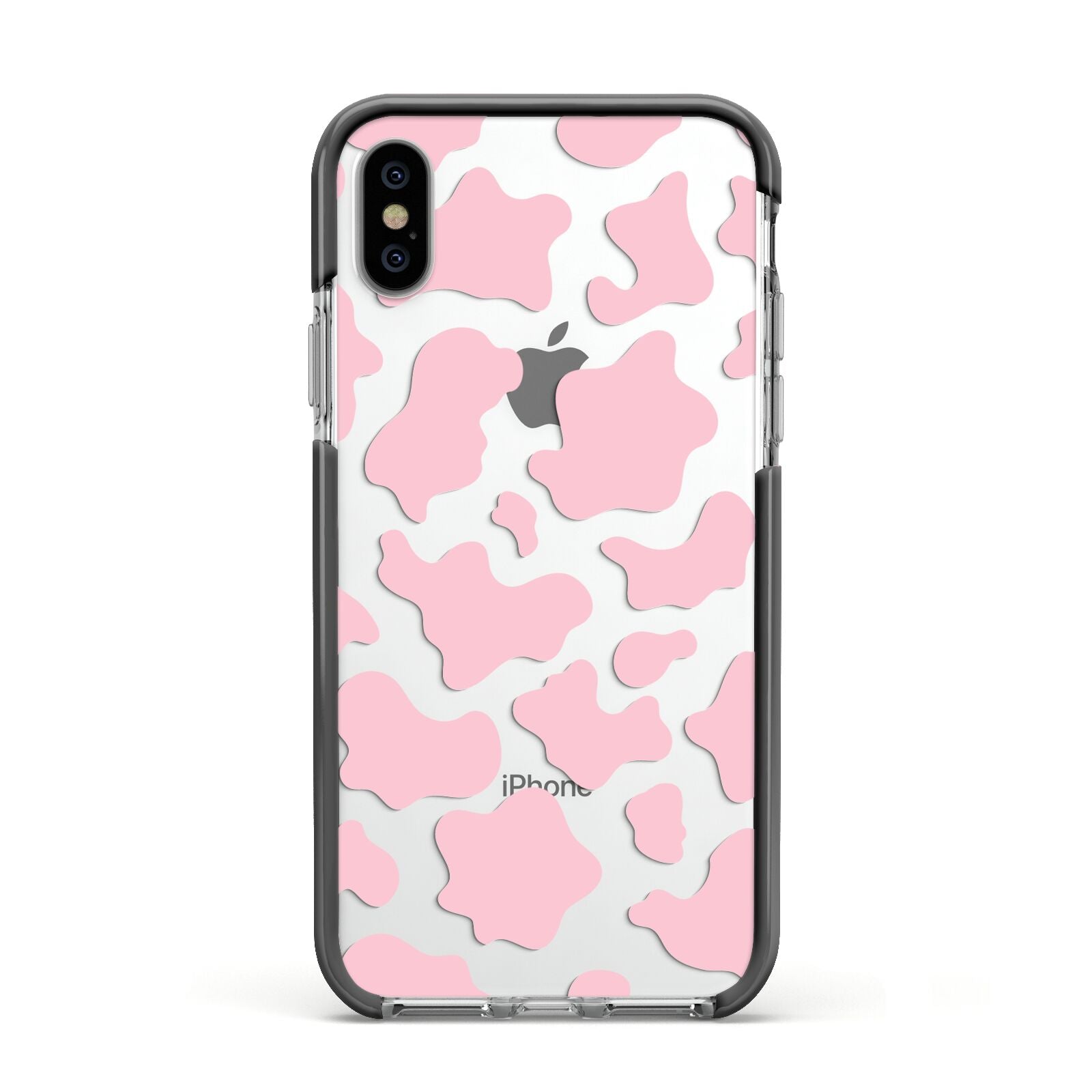 Pink Cow Print Apple iPhone Xs Impact Case Black Edge on Silver Phone