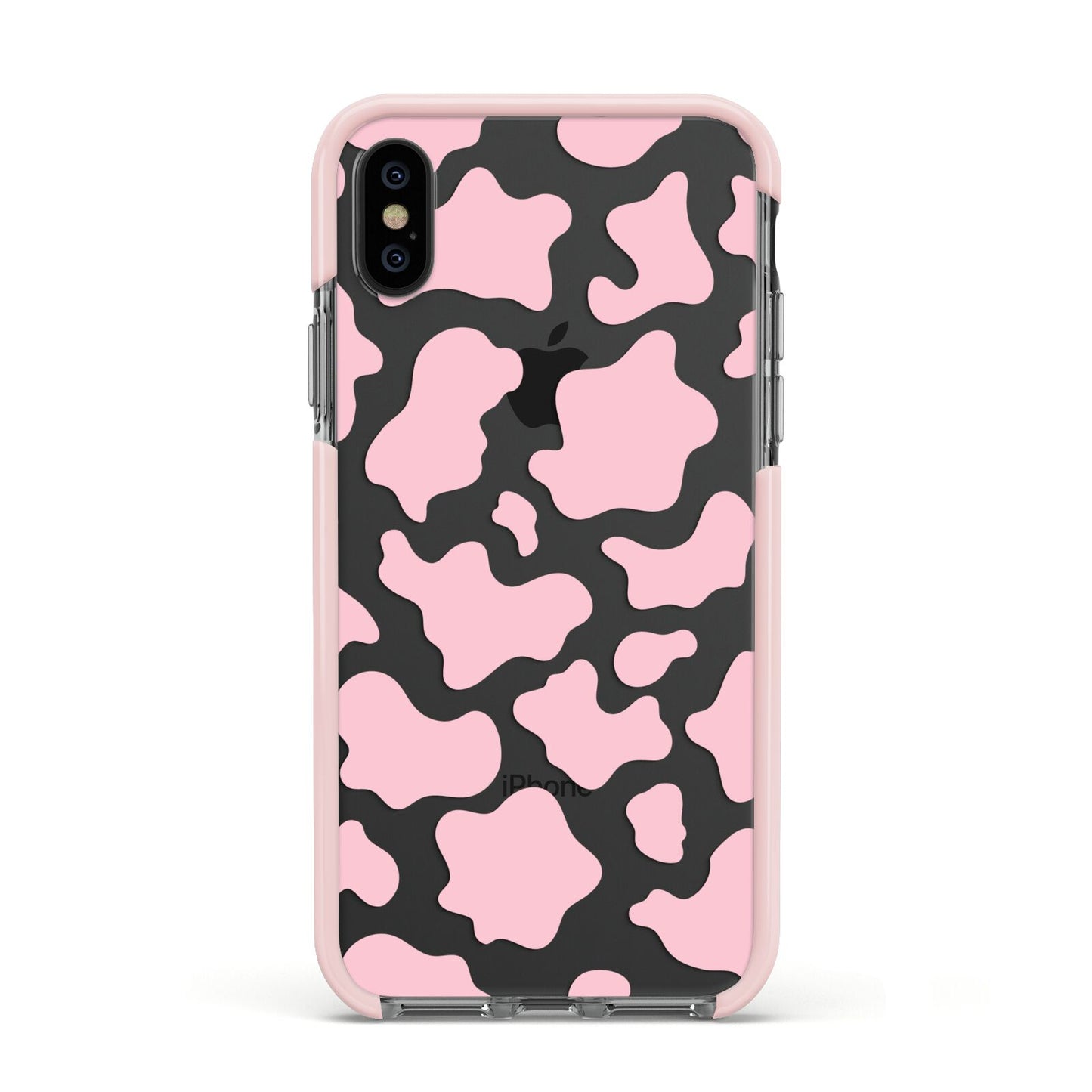 Pink Cow Print Apple iPhone Xs Impact Case Pink Edge on Black Phone