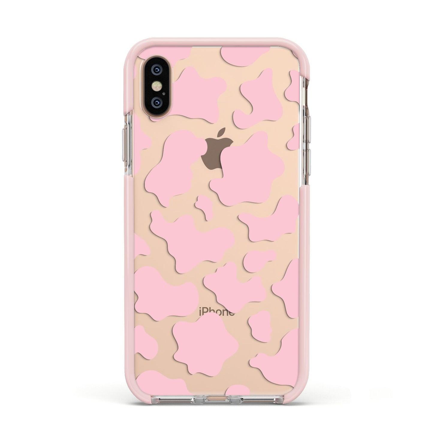 Pink Cow Print Apple iPhone Xs Impact Case Pink Edge on Gold Phone