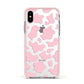 Pink Cow Print Apple iPhone Xs Impact Case Pink Edge on Silver Phone