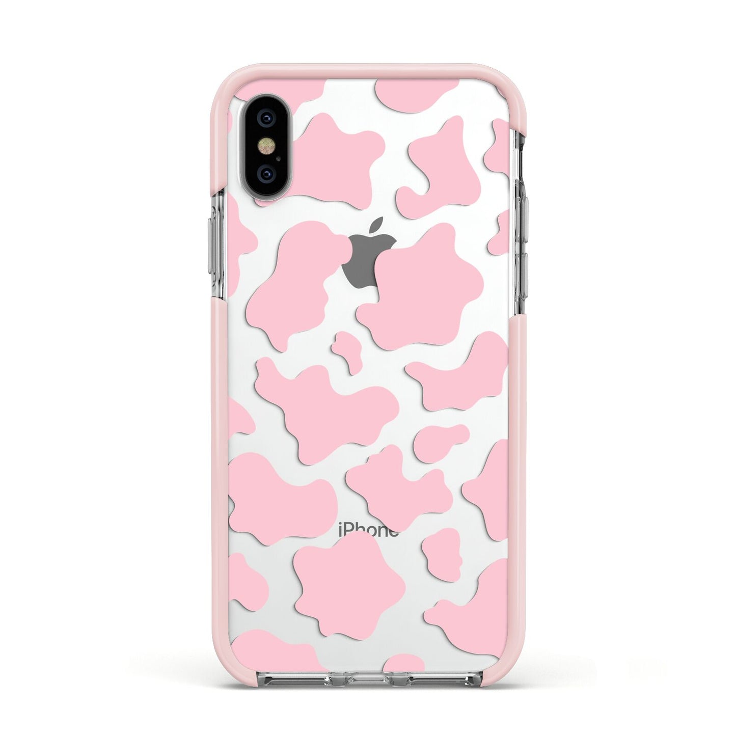 Pink Cow Print Apple iPhone Xs Impact Case Pink Edge on Silver Phone