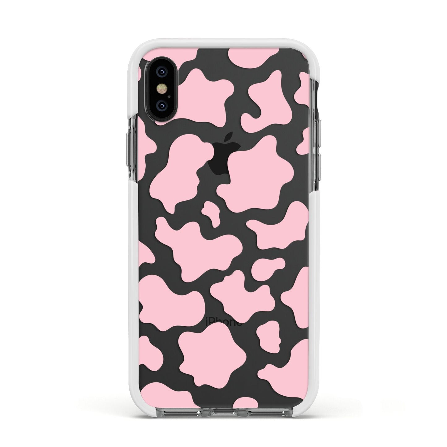 Pink Cow Print Apple iPhone Xs Impact Case White Edge on Black Phone