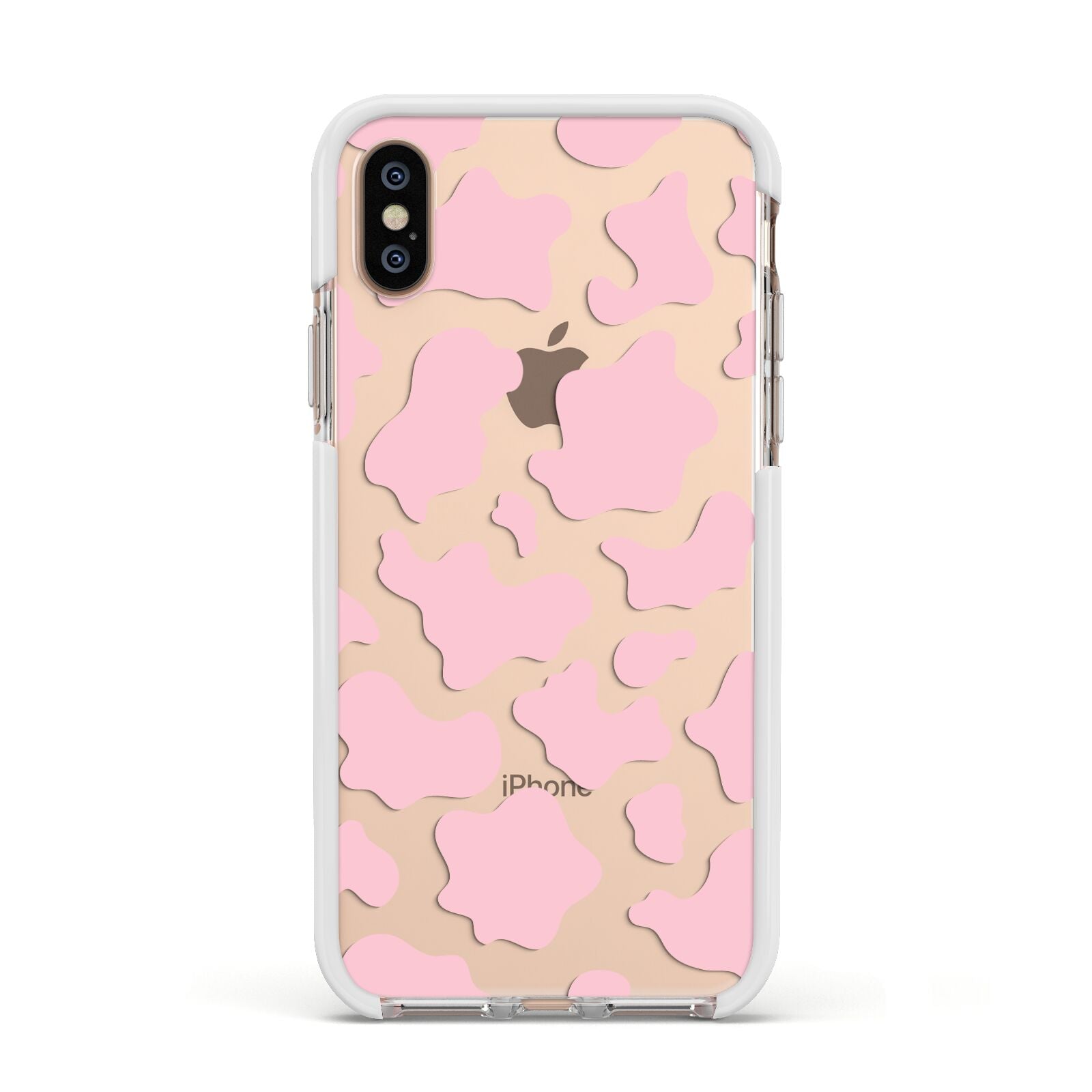 Pink Cow Print Apple iPhone Xs Impact Case White Edge on Gold Phone