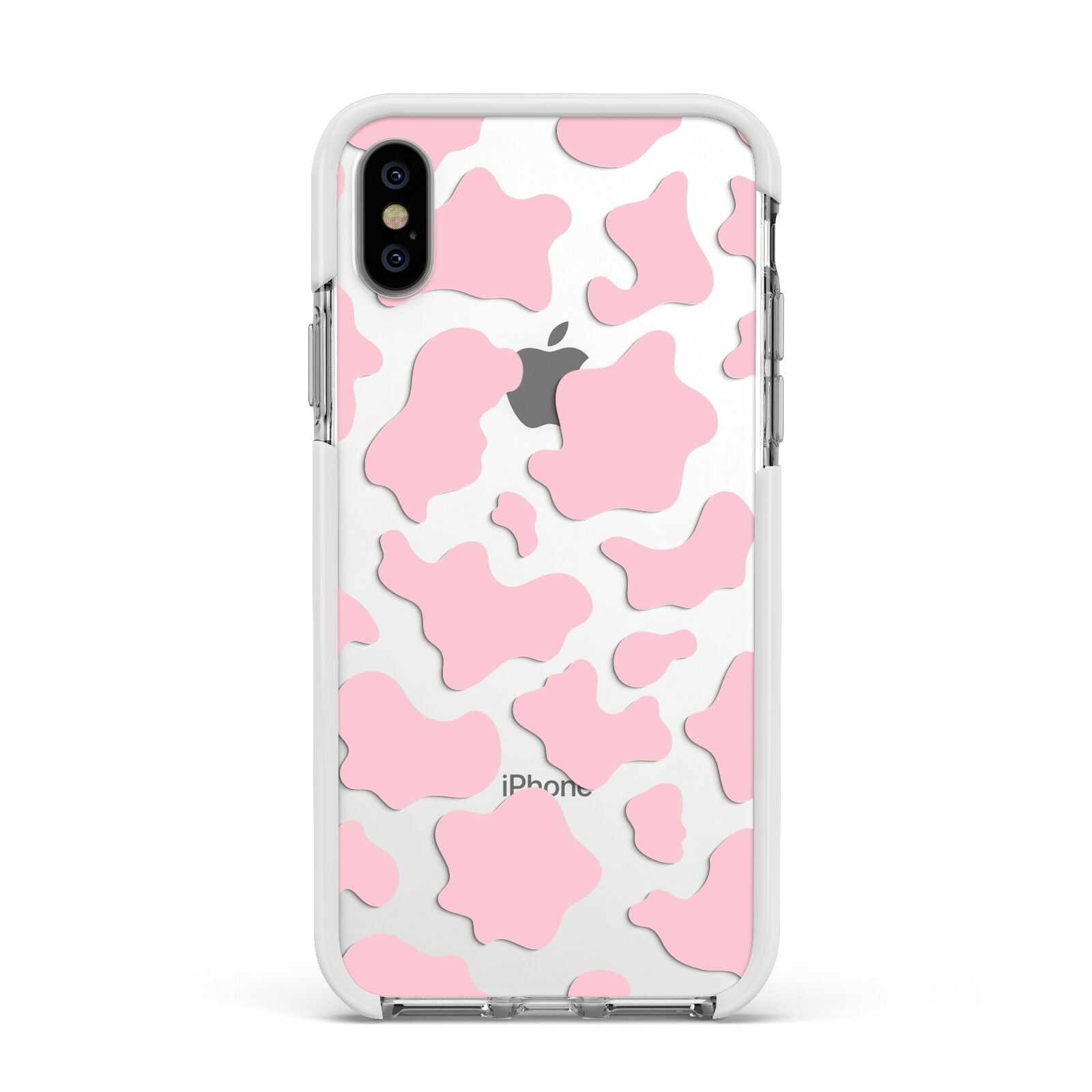 Pink Cow Print Apple iPhone Xs Impact Case White Edge on Silver Phone