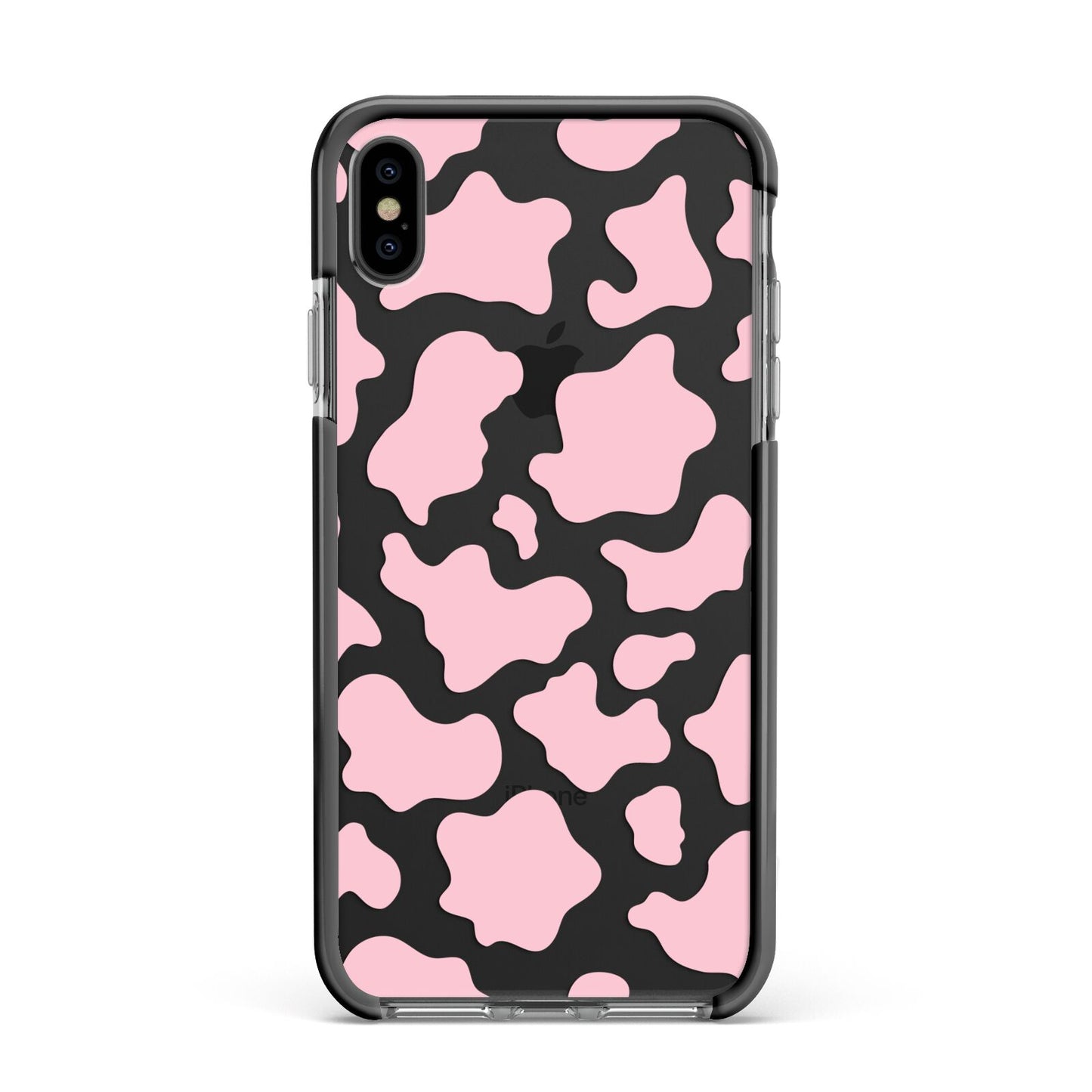 Pink Cow Print Apple iPhone Xs Max Impact Case Black Edge on Black Phone