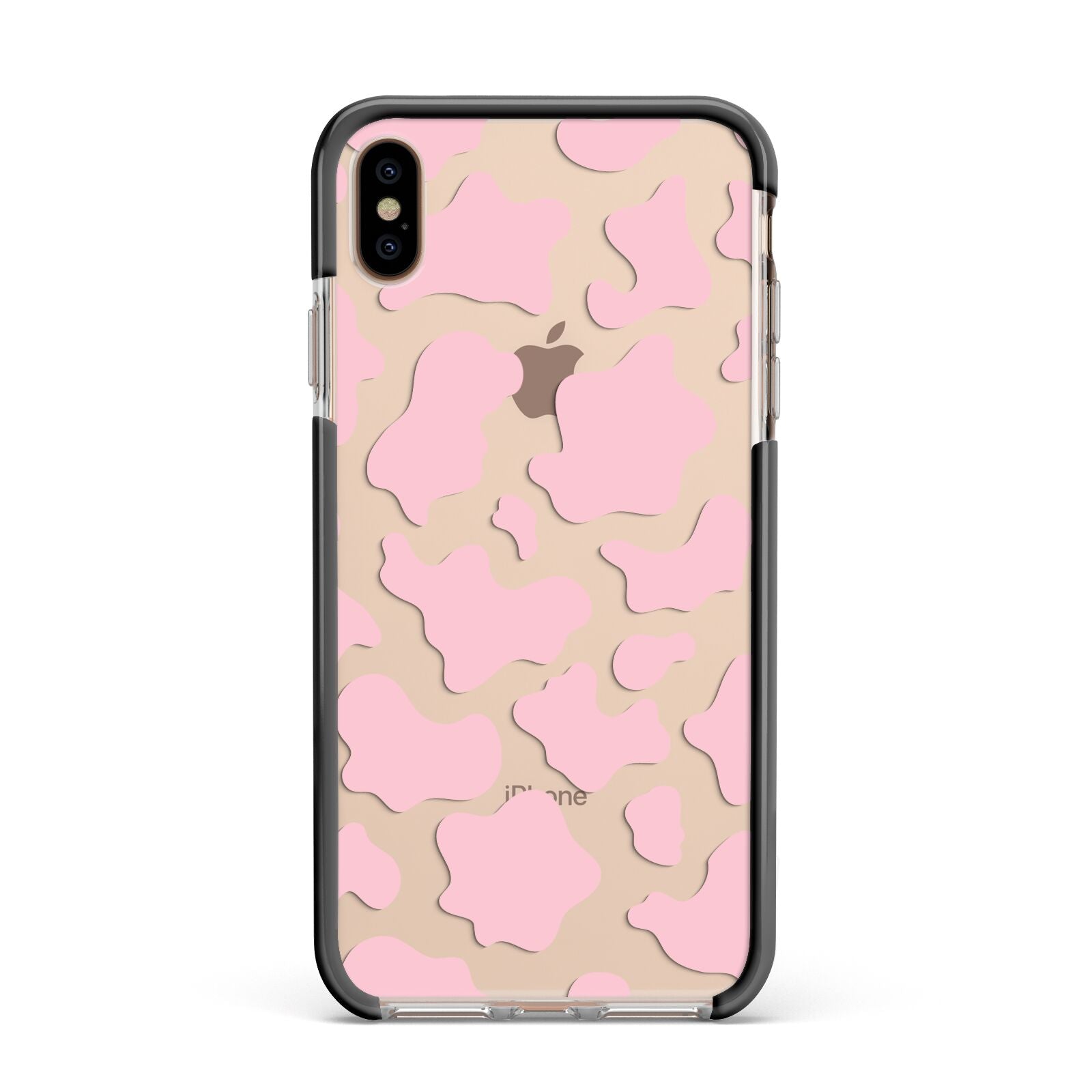 Pink Cow Print Apple iPhone Xs Max Impact Case Black Edge on Gold Phone