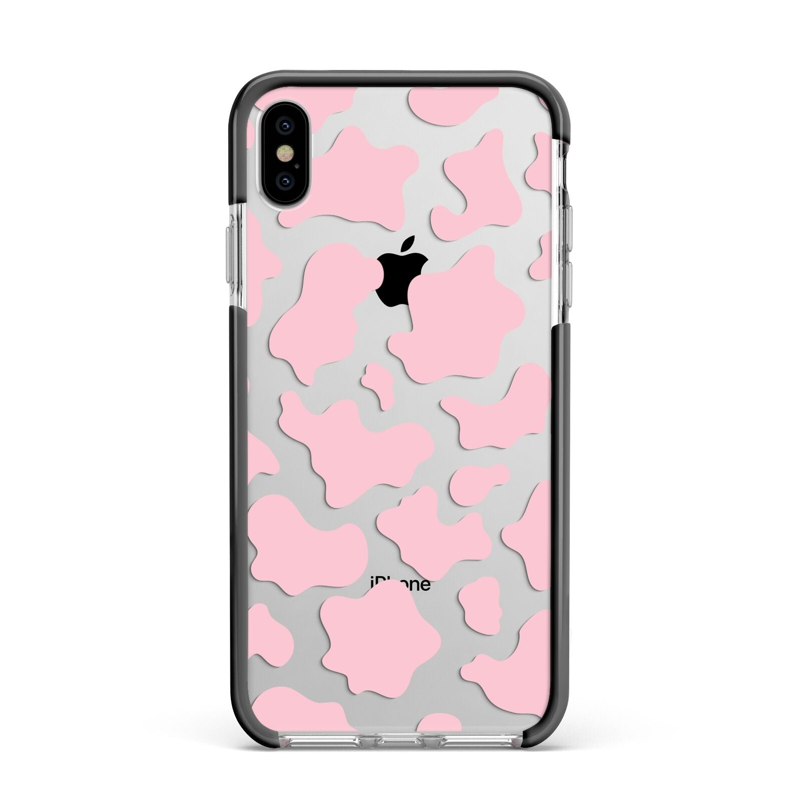 Pink Cow Print Apple iPhone Xs Max Impact Case Black Edge on Silver Phone