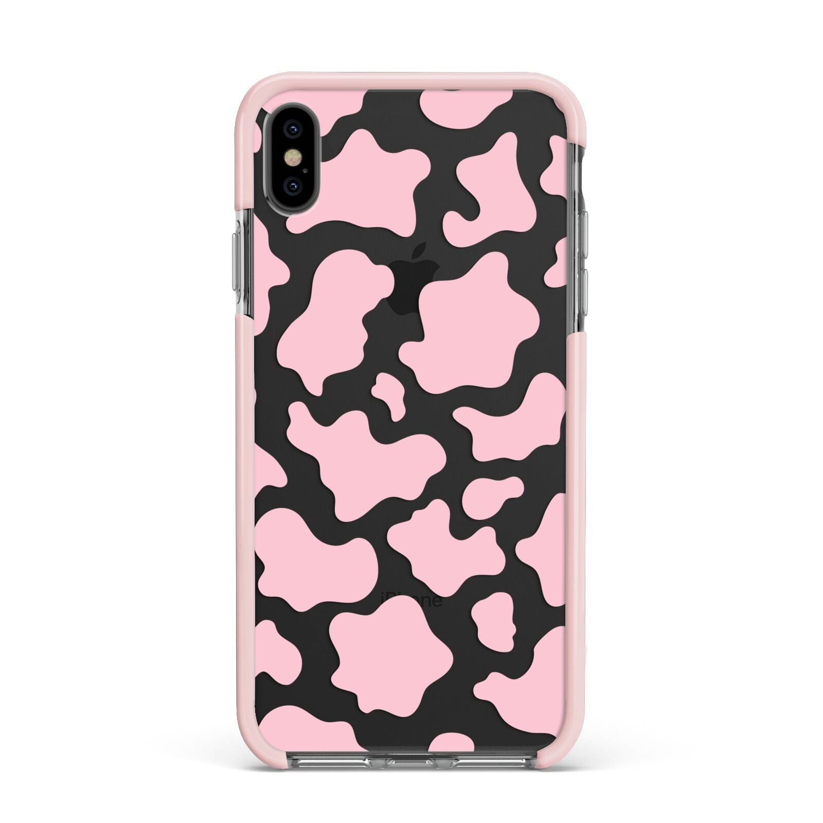 Pink Cow Print Apple iPhone Xs Max Impact Case Pink Edge on Black Phone