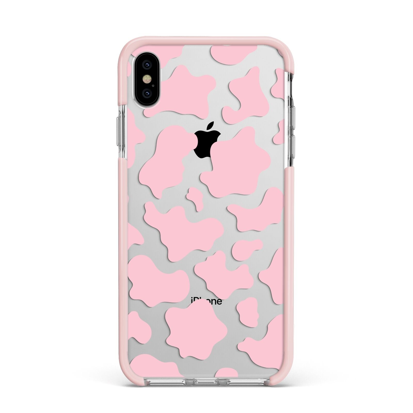 Pink Cow Print Apple iPhone Xs Max Impact Case Pink Edge on Silver Phone
