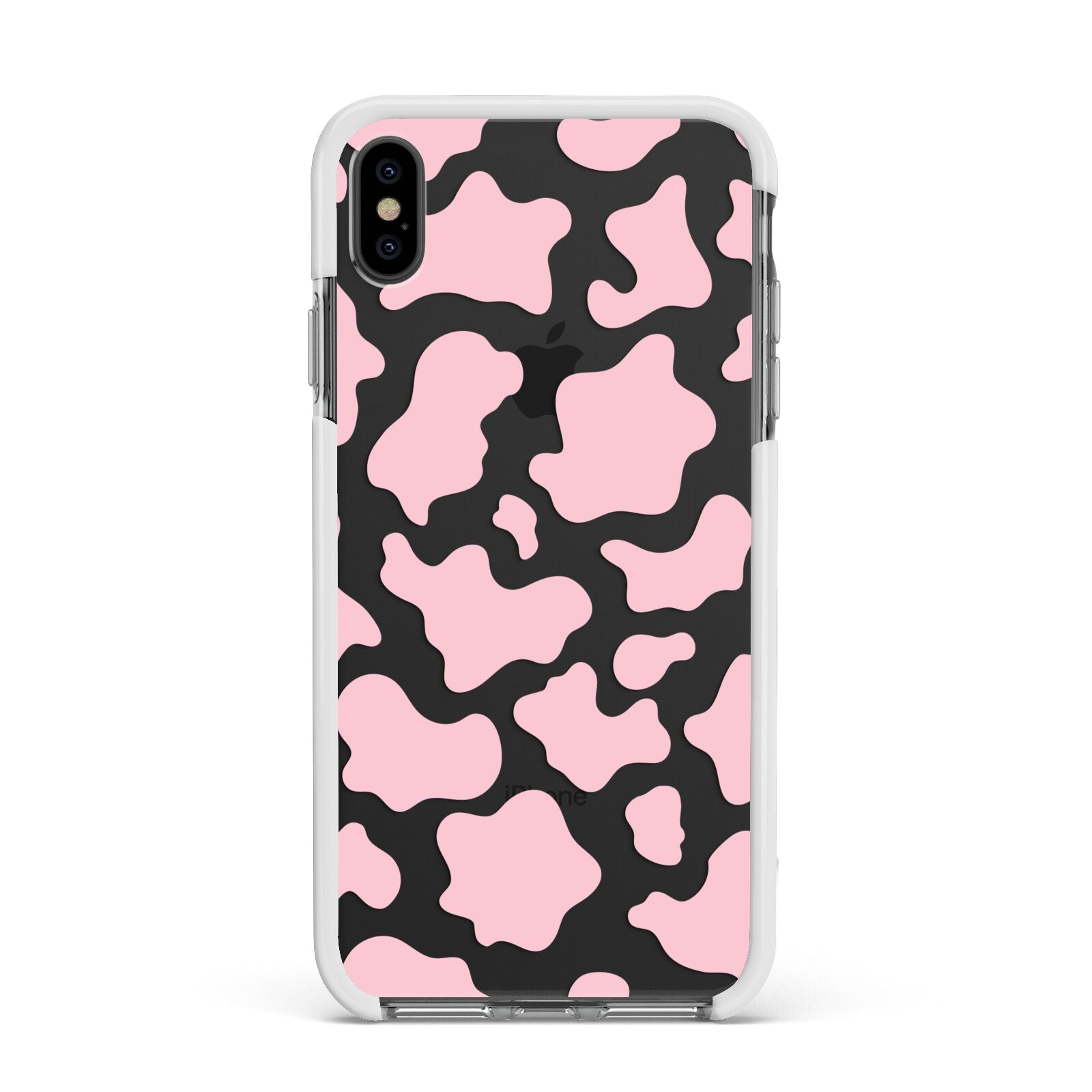 Pink Cow Print Apple iPhone Xs Max Impact Case White Edge on Black Phone
