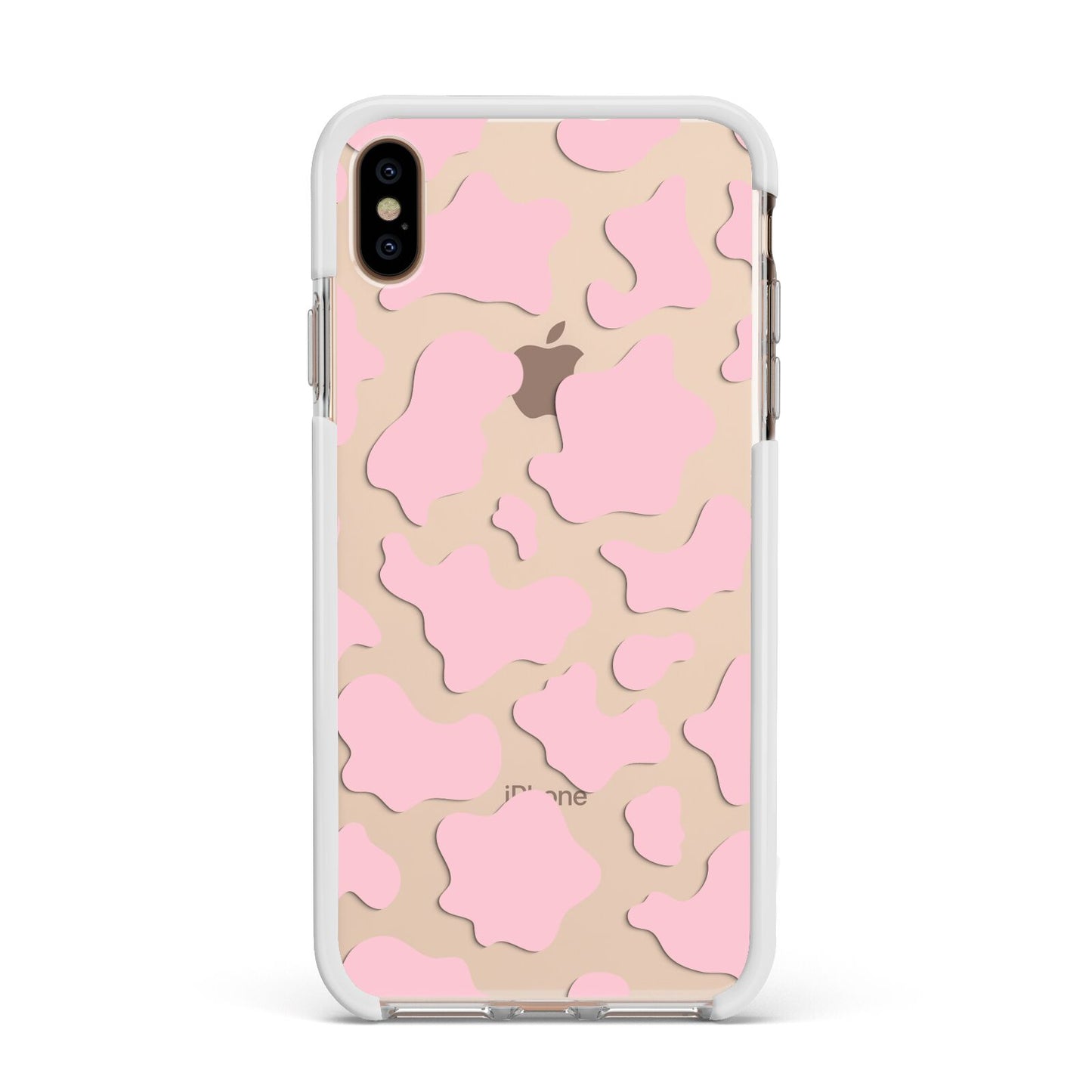 Pink Cow Print Apple iPhone Xs Max Impact Case White Edge on Gold Phone