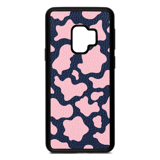 Pink Cow Print Navy Blue Pebble Leather Samsung S9 Case