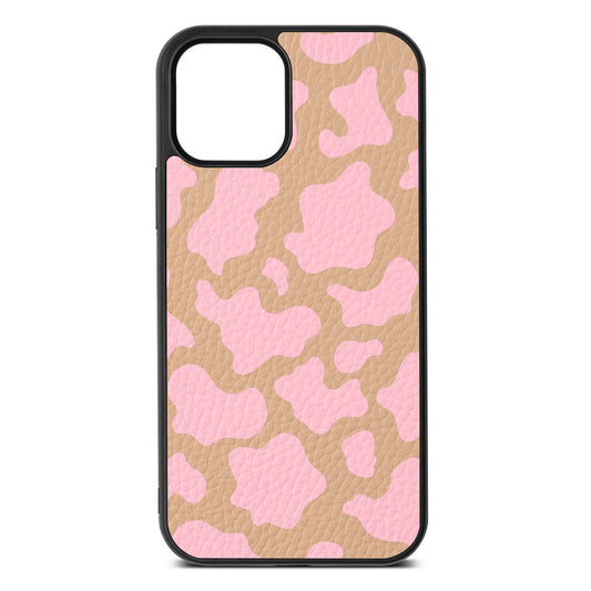 Pink Cow Print Nude Pebble Leather iPhone 12 Case