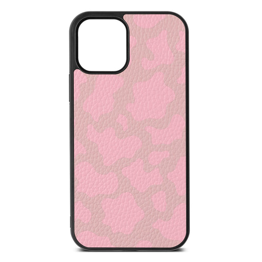 Pink Cow Print Pink Pebble Leather iPhone 12 Case