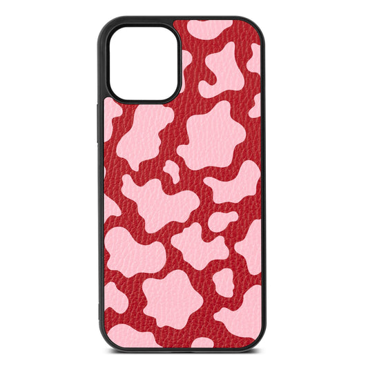 Pink Cow Print Red Pebble Leather iPhone 12 Case