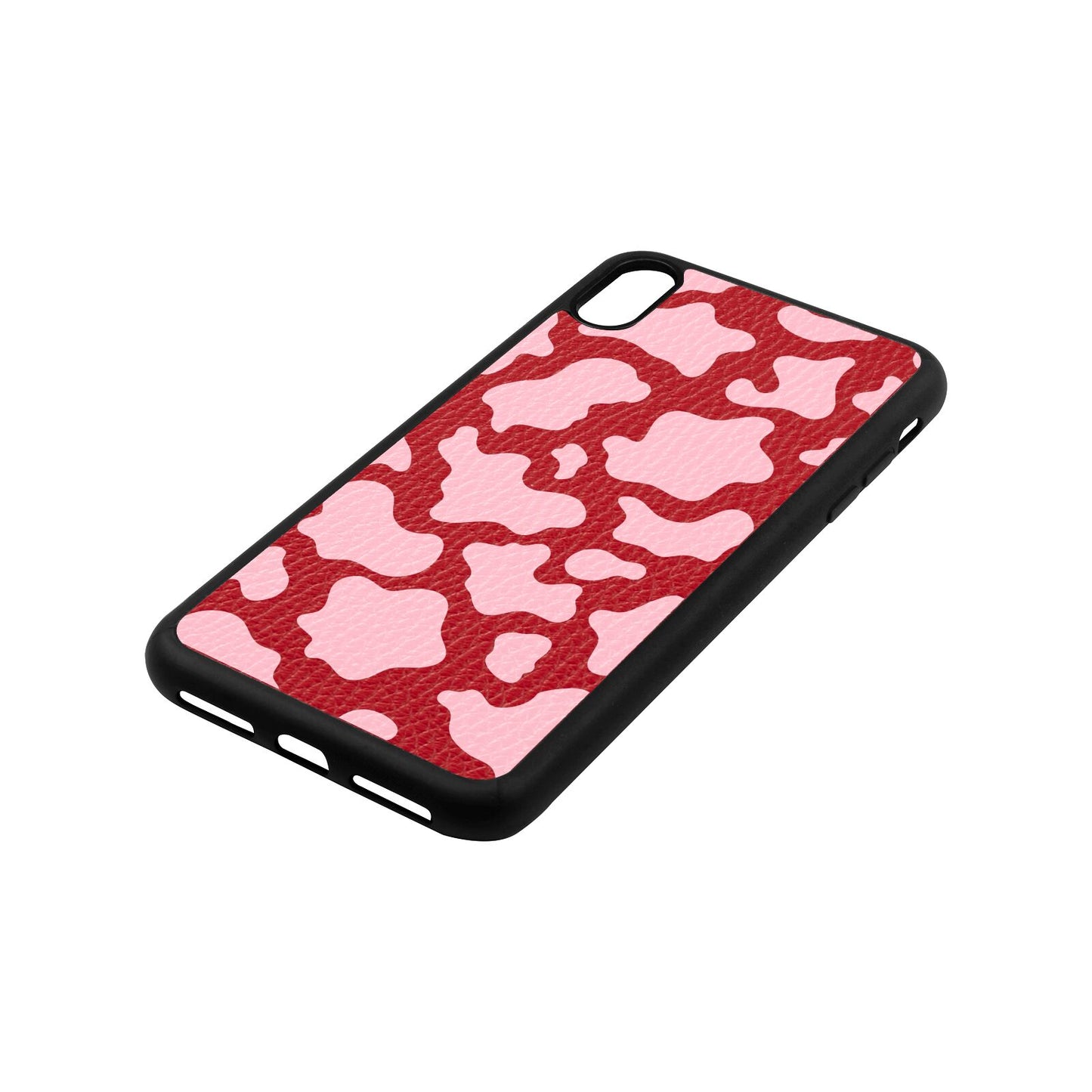 Pink Cow Print Red Pebble Leather iPhone Xs Max Case Side Angle