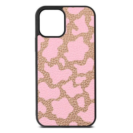Pink Cow Print Rose Gold Pebble Leather iPhone 12 Case