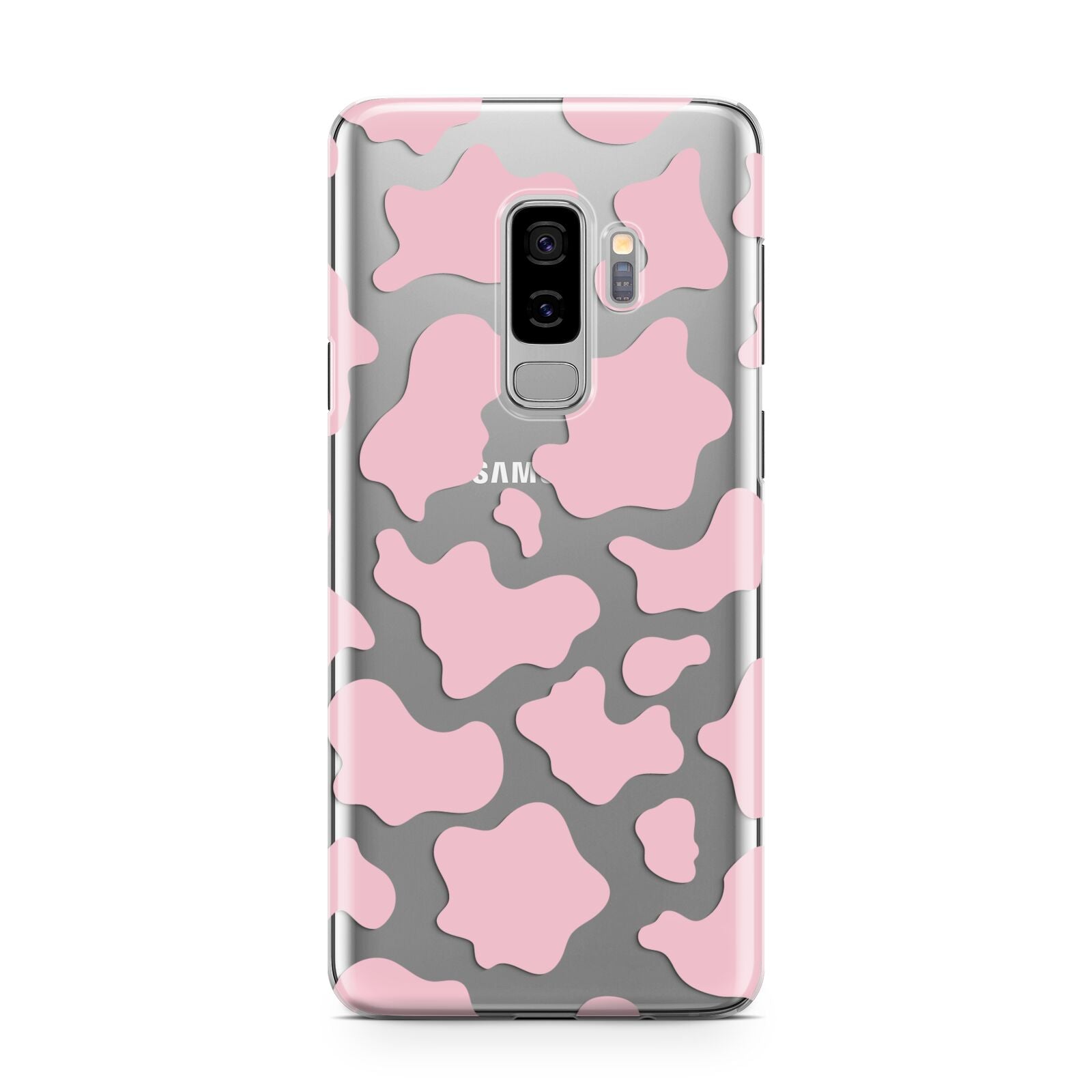 Pink Cow Print Samsung Galaxy S9 Plus Case on Silver phone