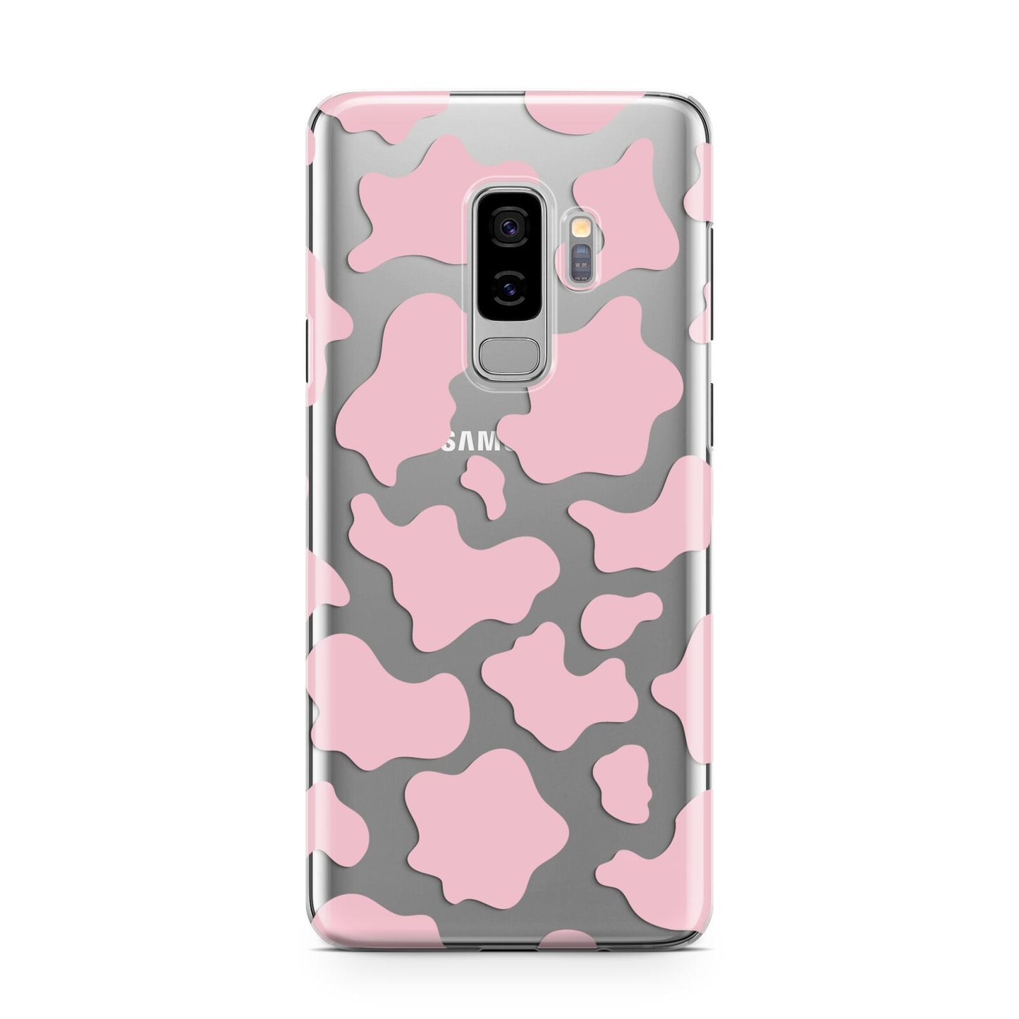 Pink Cow Print Samsung Galaxy S9 Plus Case on Silver phone