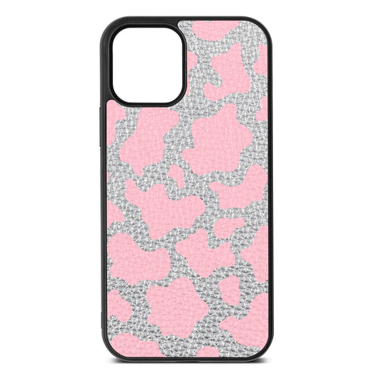 Pink Cow Print Silver Pebble Leather iPhone 12 Case