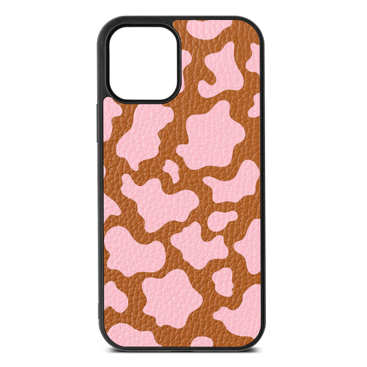 Pink Cow Print Tan Pebble Leather iPhone 12 Case