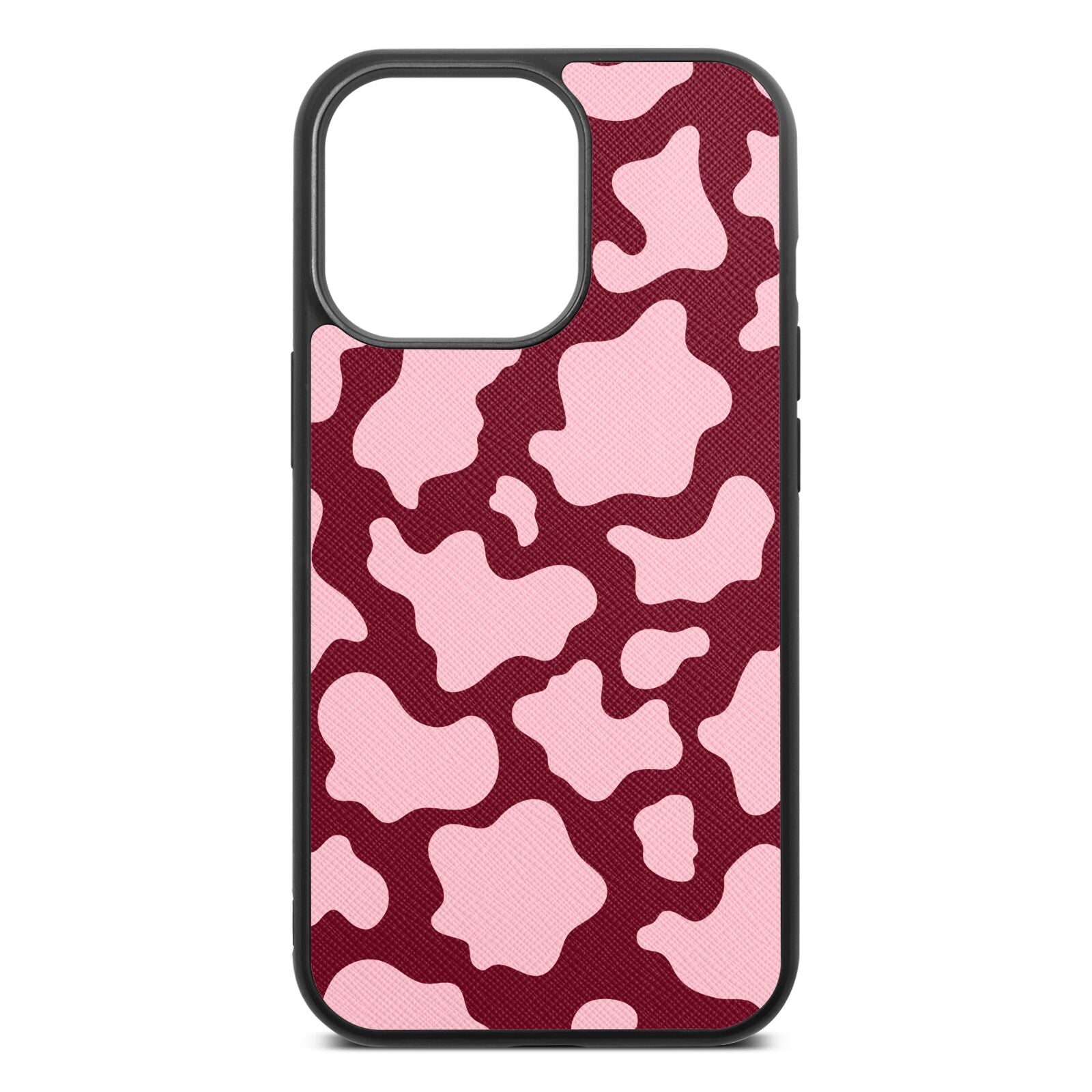 Pink Cow Print Wine Red Saffiano Leather iPhone 13 Pro Case