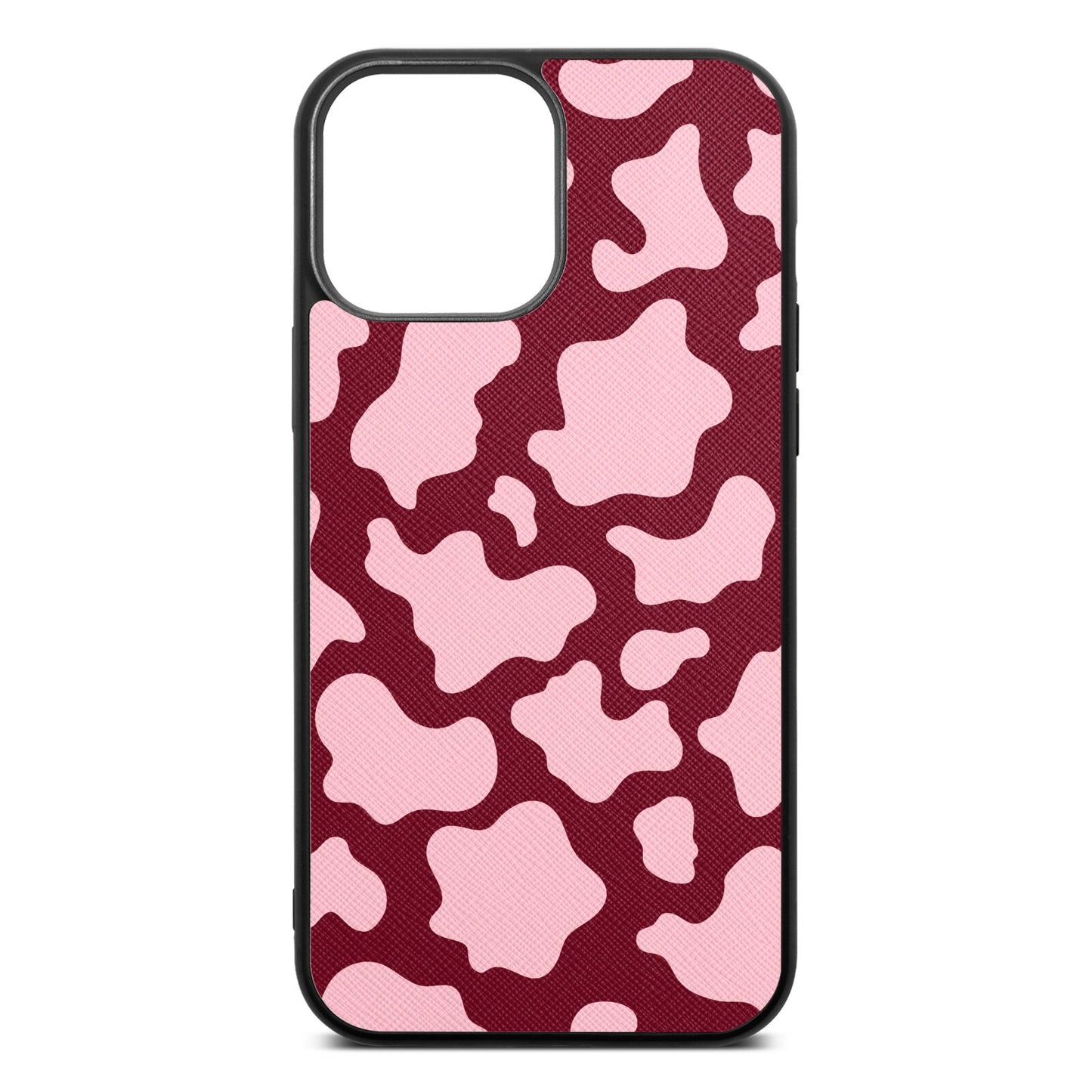 Pink Cow Print Wine Red Saffiano Leather iPhone 13 Pro Max Case