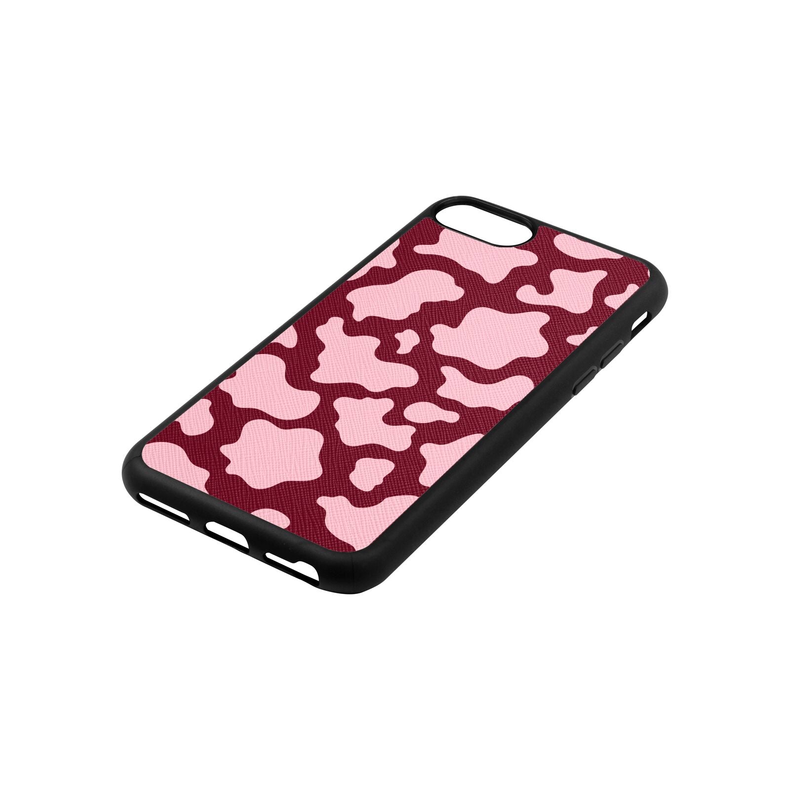Pink Cow Print Wine Red Saffiano Leather iPhone 8 Case Side Angle