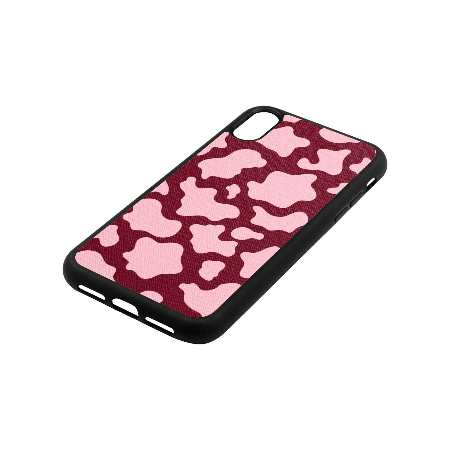 Pink Cow Print Wine Red Saffiano Leather iPhone Xr Case Side Angle
