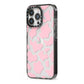 Pink Cow Print iPhone 13 Pro Black Impact Case Side Angle on Silver phone