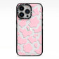 Pink Cow Print iPhone 13 Pro Black Impact Case on Silver phone