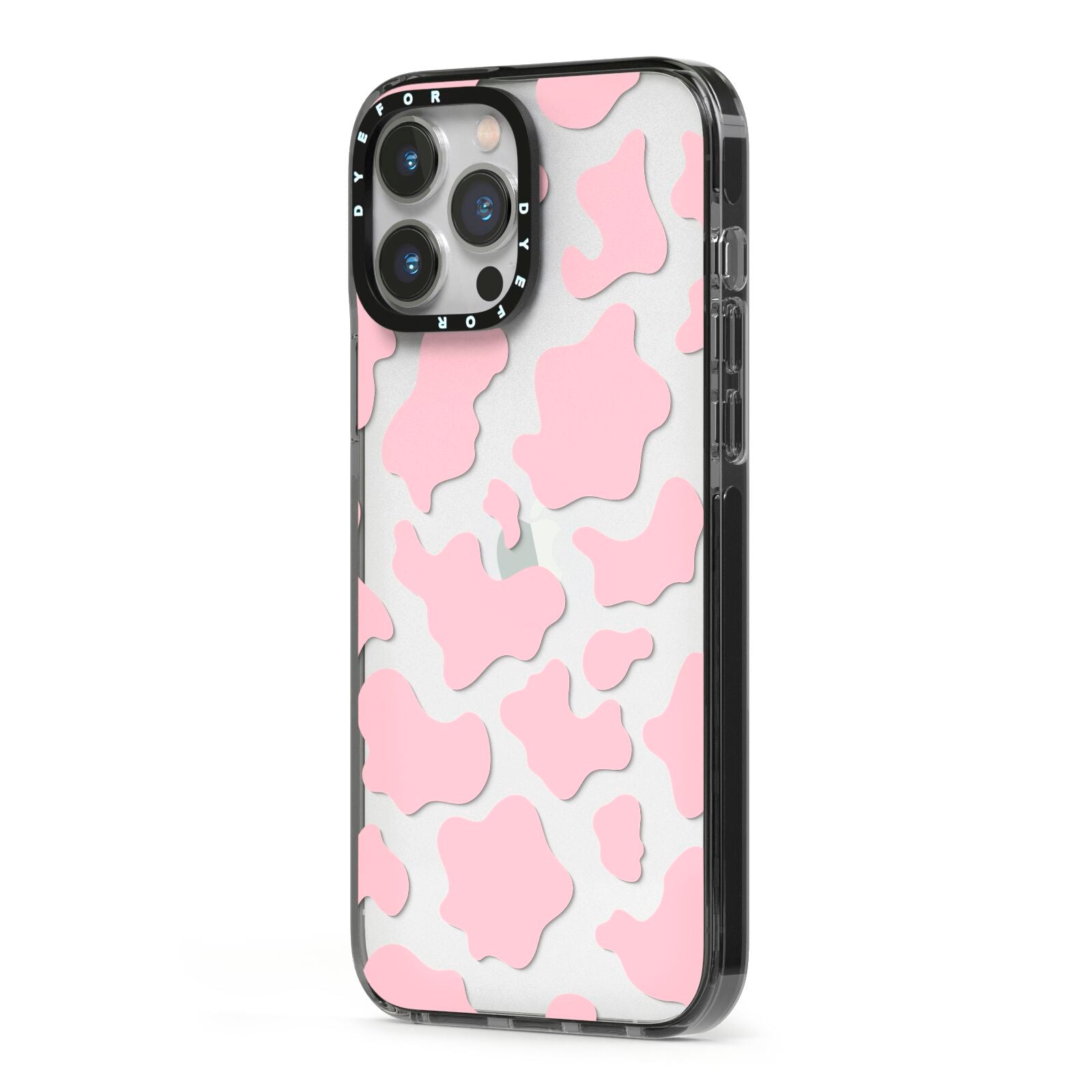 Pink Cow Print iPhone 13 Pro Max Black Impact Case Side Angle on Silver phone