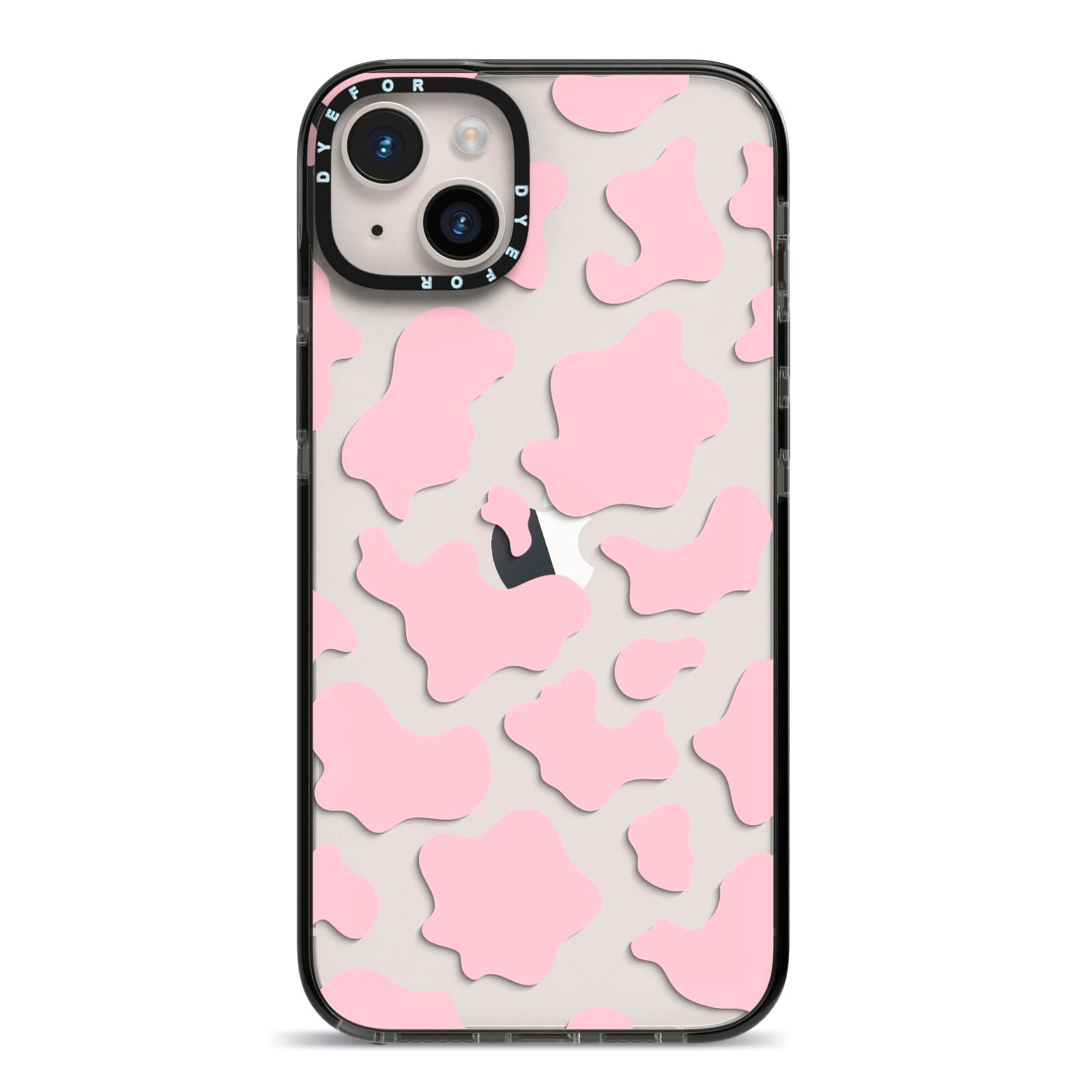 Pink Cow Print iPhone 14 Plus Black Impact Case on Silver phone