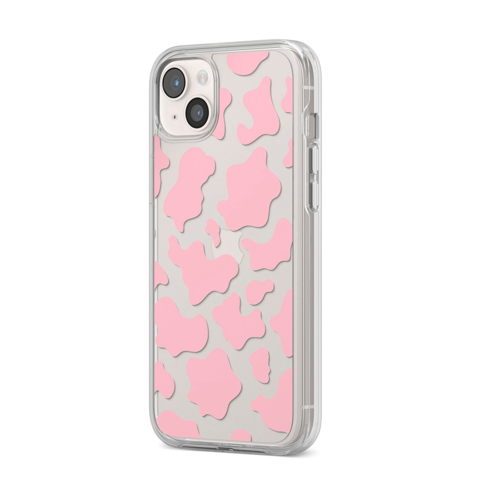 Pink Cow Print iPhone 14 Plus Clear Tough Case Starlight Angled Image