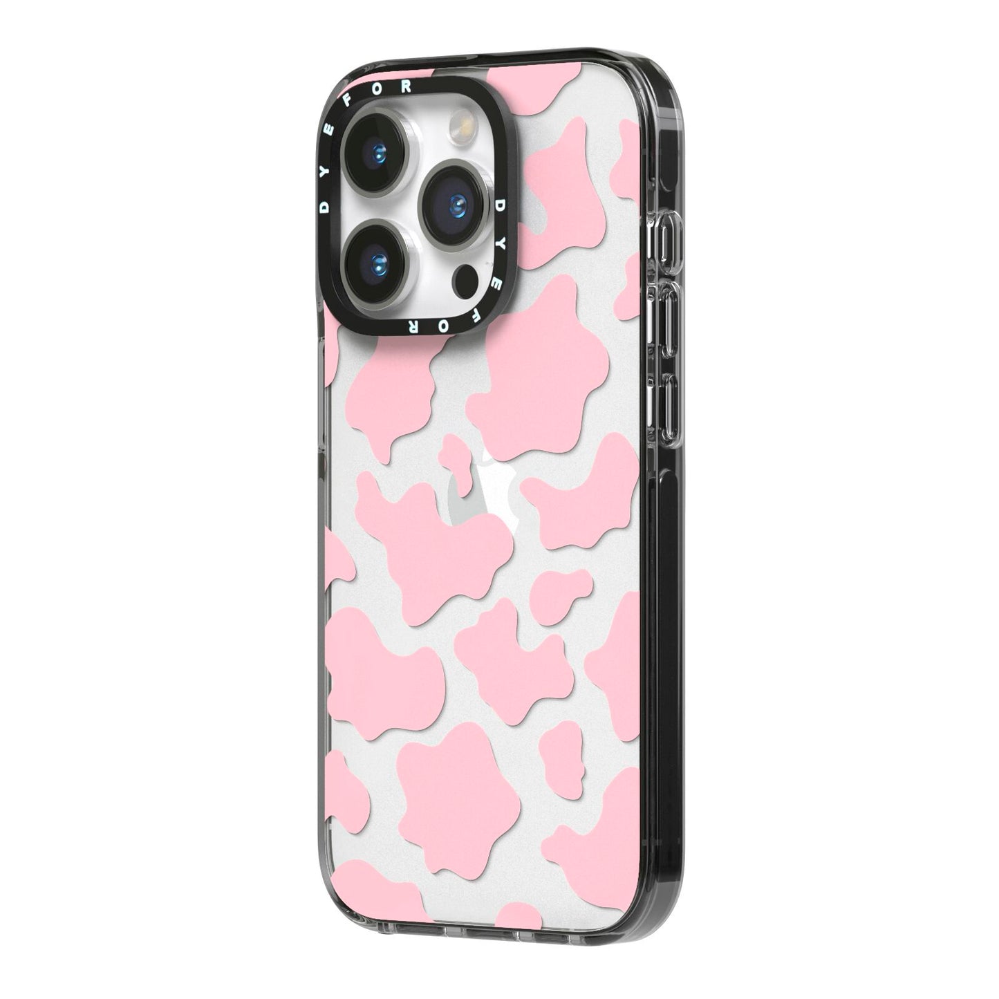 Pink Cow Print iPhone 14 Pro Black Impact Case Side Angle on Silver phone