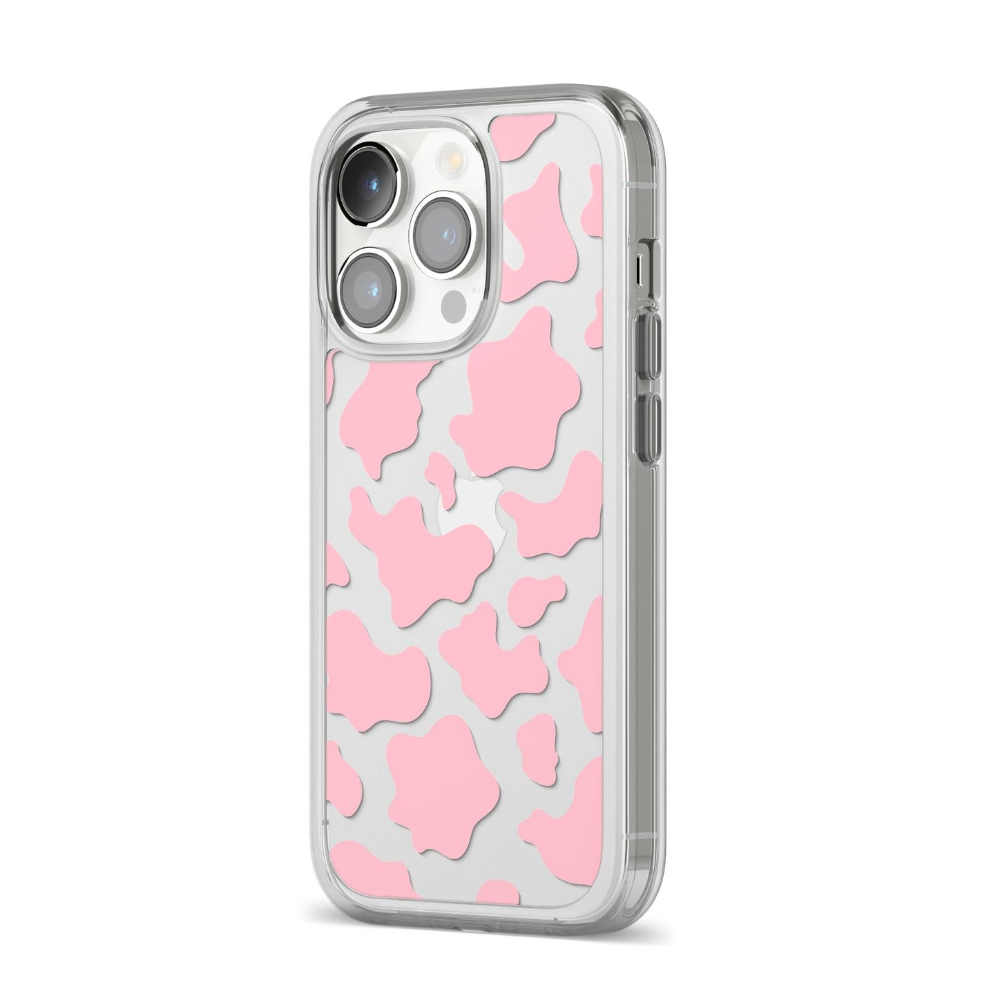Pink Cow Print iPhone 14 Pro Clear Tough Case Silver Angled Image