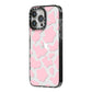 Pink Cow Print iPhone 14 Pro Max Black Impact Case Side Angle on Silver phone