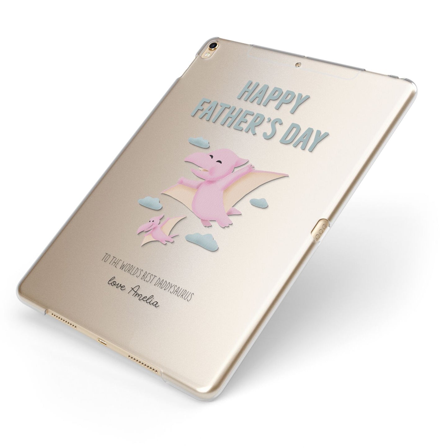 Pink Dino Happy Fathers Day Custom Apple iPad Case on Gold iPad Side View