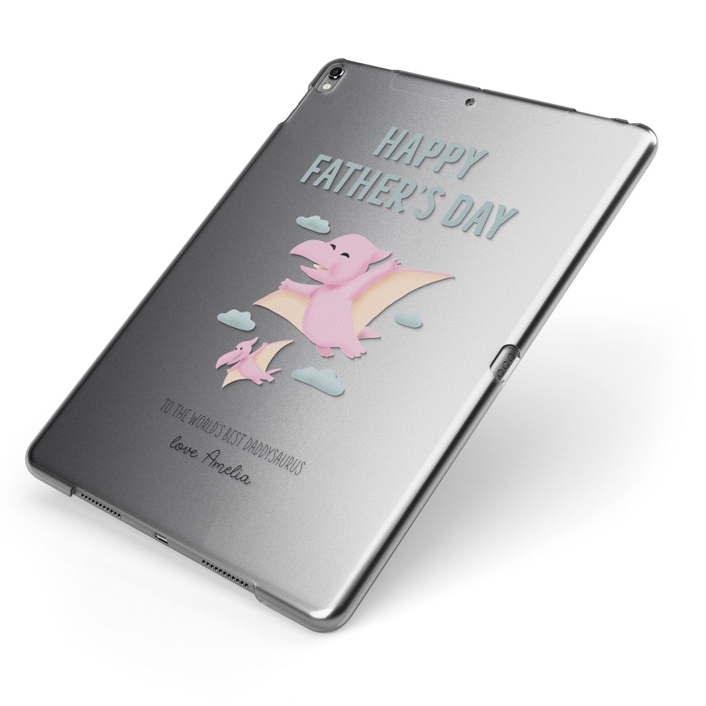 Pink Dino Happy Fathers Day Custom Apple iPad Case on Grey iPad Side View